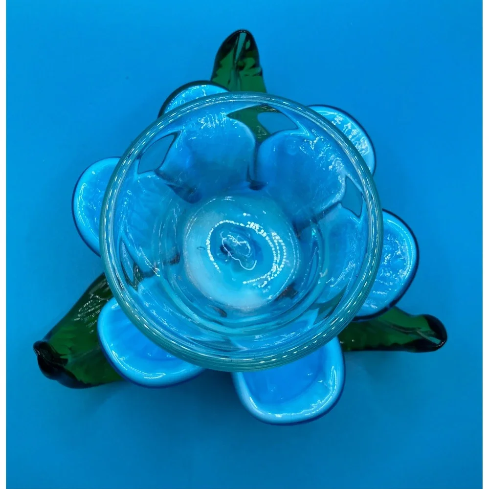 Art Glass Flower Votive Holder Blue Green Hand Blown Floral Decor